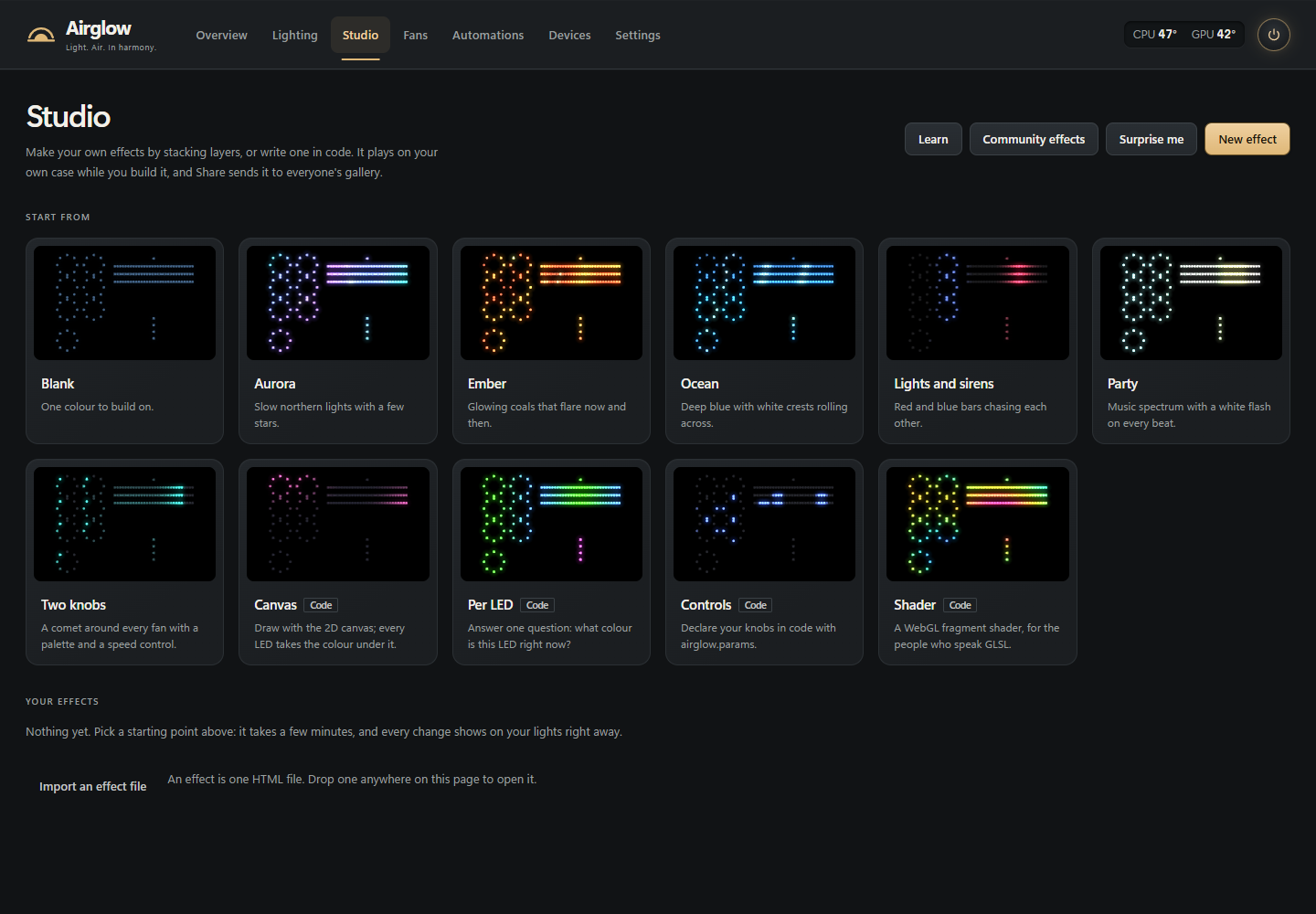 Airglow Studio with templates and a sample case preview